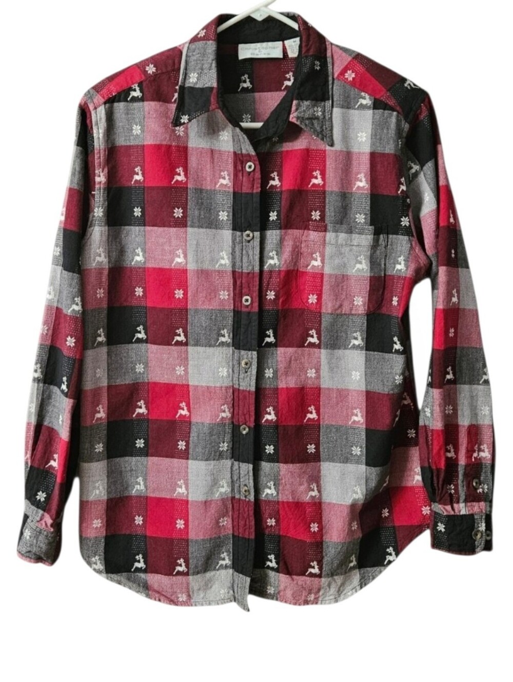 Christopher & Banks Women's Reindeer Snowflakes Plaid Button Up Shirt Size M